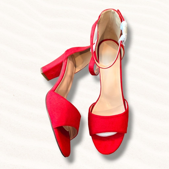 Women's  Peep Toe Ankle Strap Buckle Chunky High Heels Sandals  Red Shoes Sz 9 - Picture 5 of 6